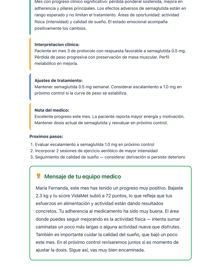 Página del informe con mensaje del médico y próximos pasos